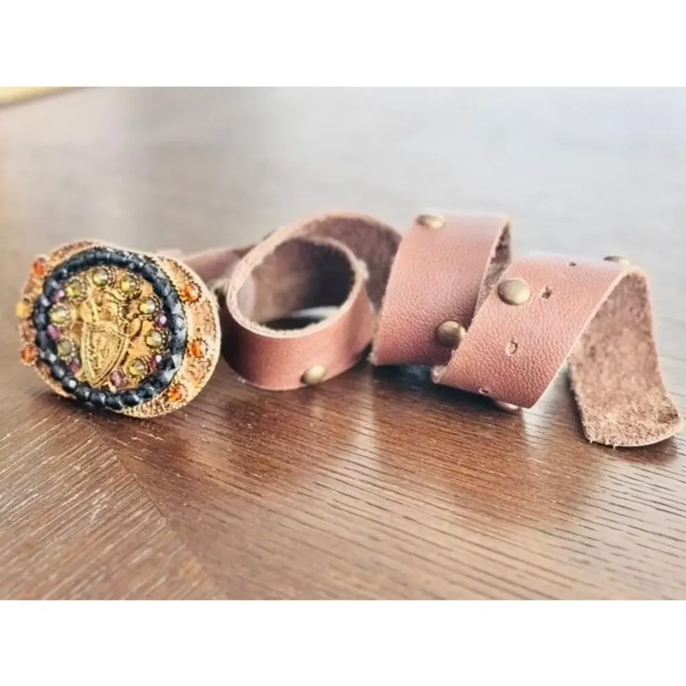 Vintage Brown Leather Jeweled Shield Buckle Belt Size 32